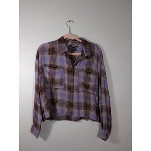 Forever 21 Plaid Cropped Flannel Shirt Burgundy Lavender Oversized Size Small